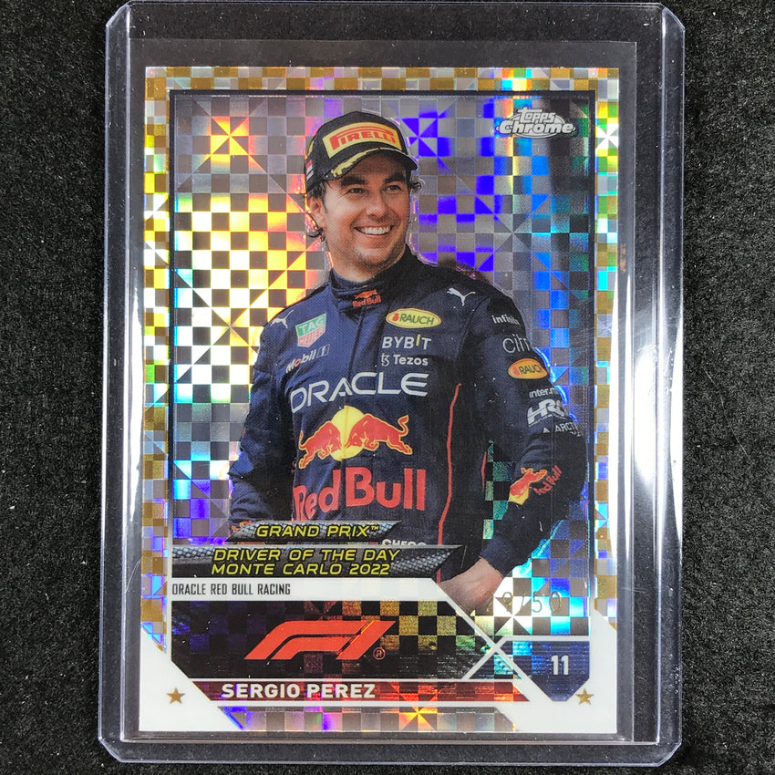 2023 Topps Chrome Formula 1 Sergio Perez Base Gold Checker Flag 29/50
