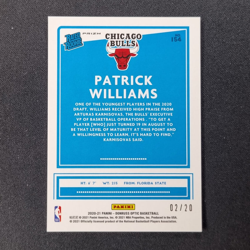 2020-21 Donruss Optic Patrick Williams Rated Rookie Fast Break Pink Disco 2/20