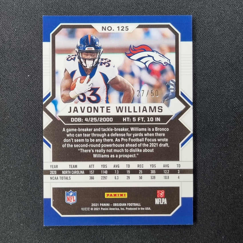 2021 Obsidian Javonte Williams Rookie Electric Etch Green 27/50