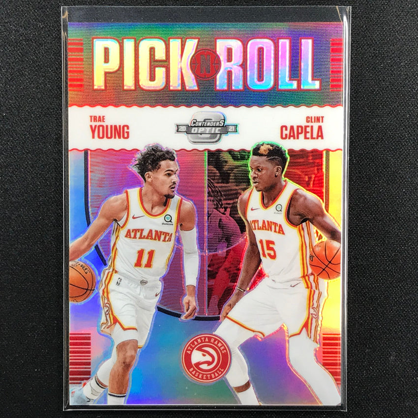 2020-21 Contenders Optic Trae Young Clint Capela Pick N Roll Silver Prizm No 13