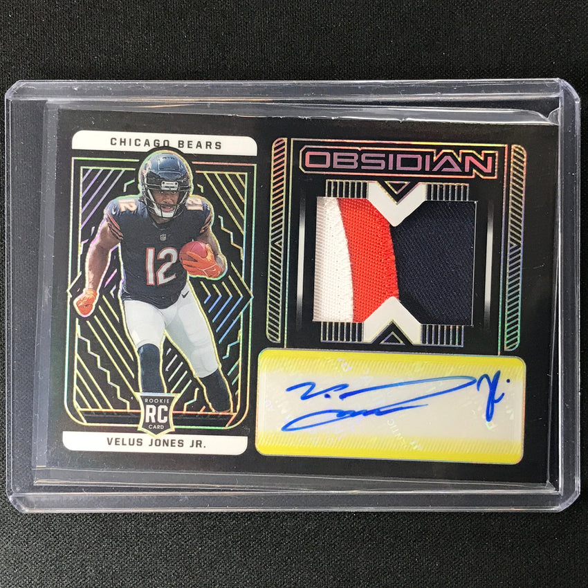 2022 Obsidian Velus Jones Jr Rookie Jersey Patch Auto Electric Etch Yellow 14/25