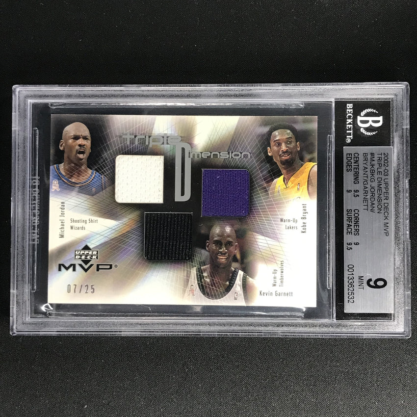 2002-03 Mvp Kobe Bryant Jordan Garnett Triple Dimension Jersey 7/25 BGS 9
