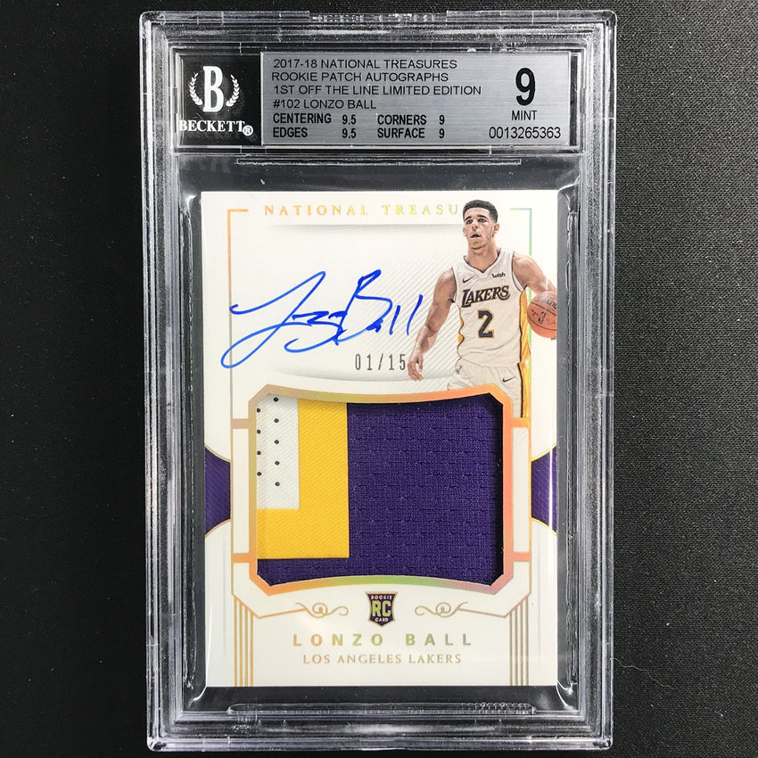 2017-18 National Treasures Lonzo Ball Rookie Patch Auto Fotl 1/15 BGS 9/10