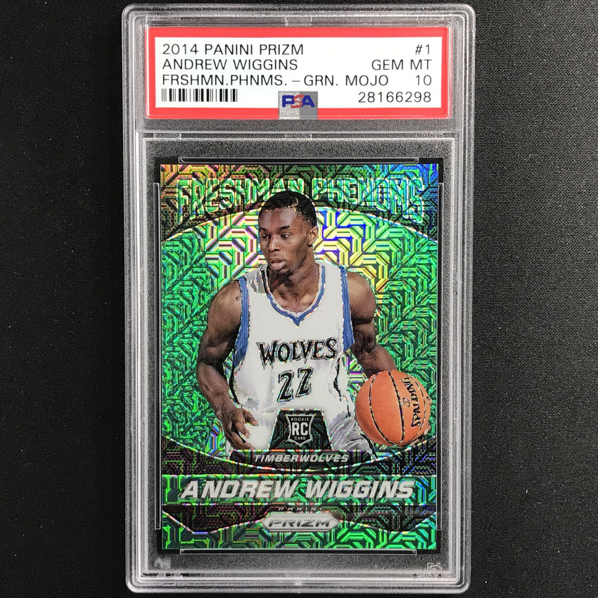 2014-15 Prizm Andrew Wiggins Freshman Phenoms Rookie Green Mojo 4/25 PSA 10