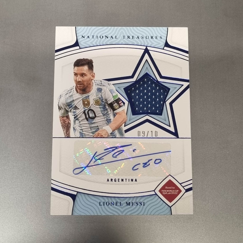 2022 National Treasures World Cup Qatar Lionel Messi Patch Auto 9/10 Game Worn