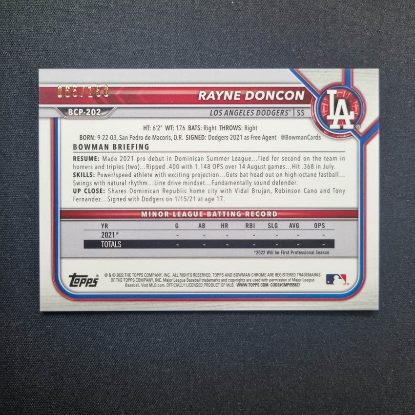2022 Bowman Chrome Rayne Doncon 1st Bowman Prospect Blue Refractor 65/150