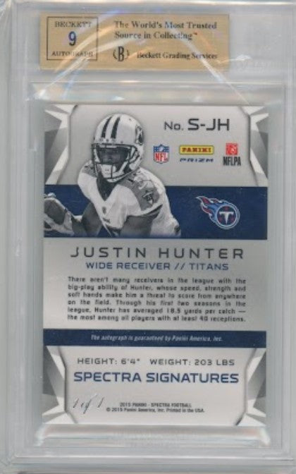 2015 Spectra Justin Hunter Signatures Auto Gold Vinyl 1/1 BGS 9.5/9