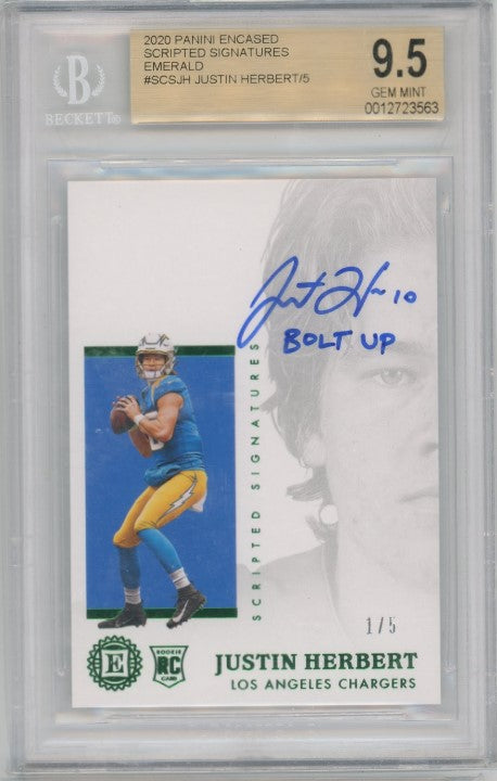 2020 Encased Justin Herbert Scripted Rookie Auto Emerald 1/5 Bgs 9.5/10