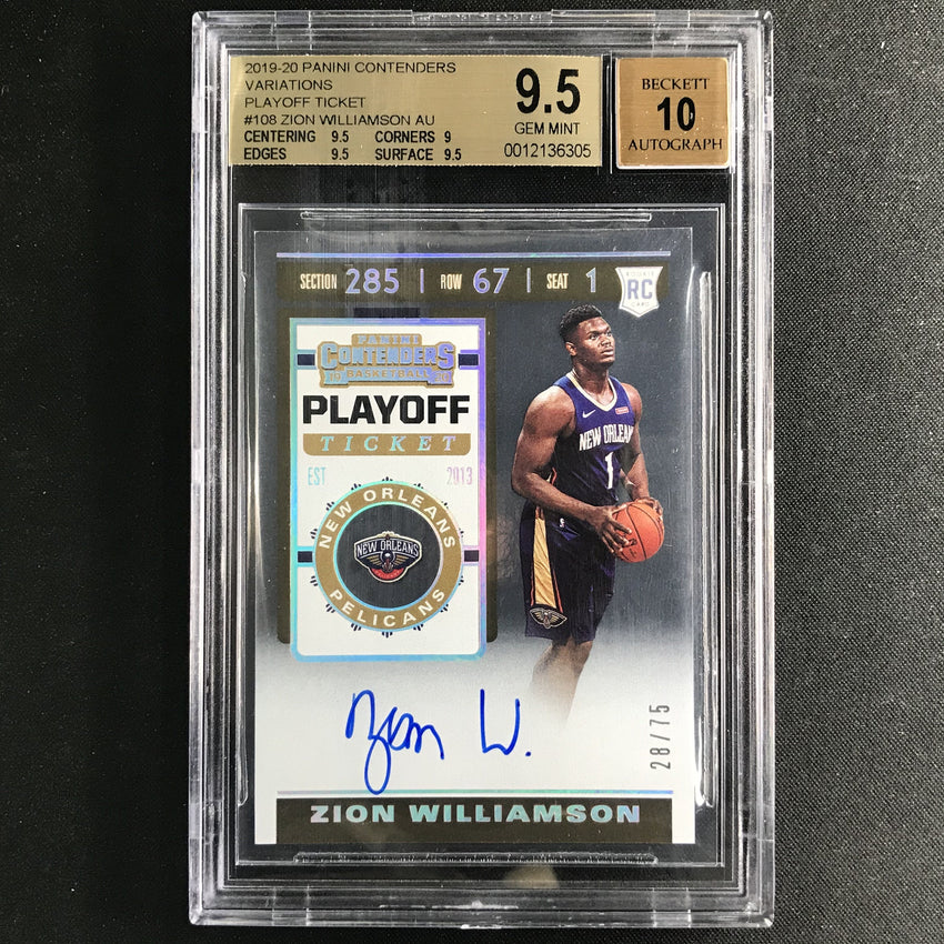 2019-20 Contenders ZION WILLIAMSON Rookie Playoff Ticket V Auto 28/75 BGS 9.5/10-Cherry Collectables