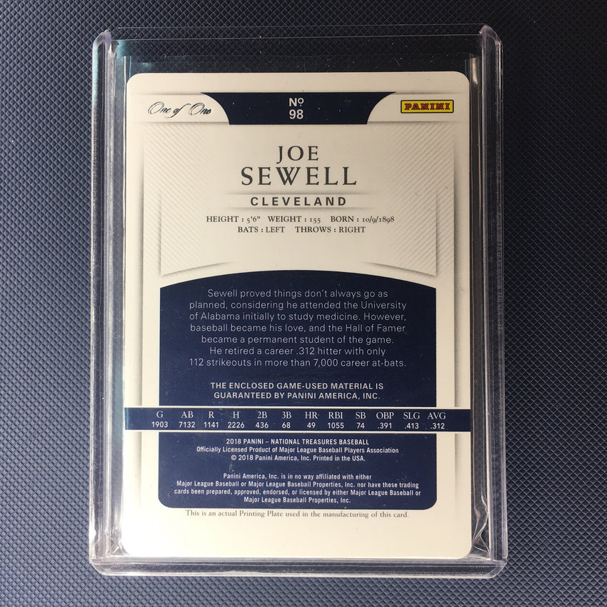 2018 National Treasures JOE SEWELL Magenta Printing Plate Bat Piece 1/1-Cherry Collectables