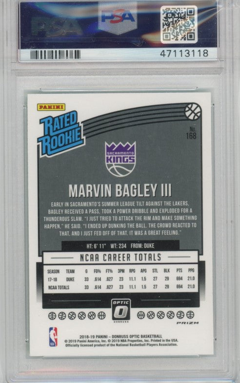2018-19 Donruss Optic Marvin Bagley Iii Choice Dragon Rookie No 168 PSA 9 118