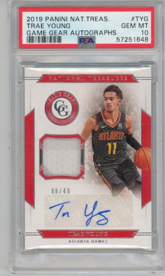 2019-20 National Treasures Trae Young Game Gear Jersey Auto 8/49 PSA 10