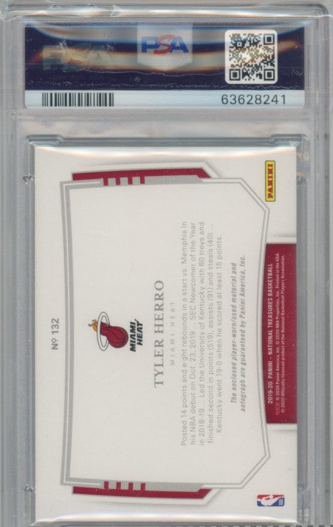 2019-20 National Treasures Tyler Herro Rookie Patch Auto 68/75 PSA 8/9