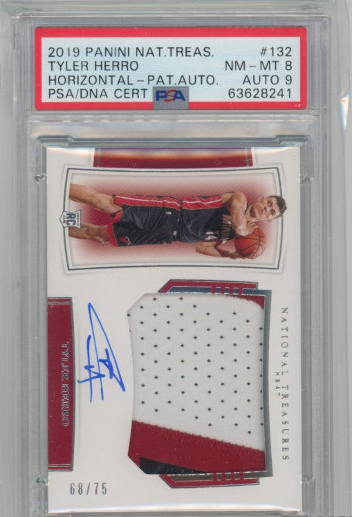 2019-20 National Treasures Tyler Herro Rookie Patch Auto 68/75 PSA 8/9