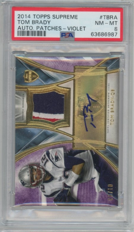 2014 Topps Supreme Tom Brady Patch Auto Violet 8/10 PSA 8
