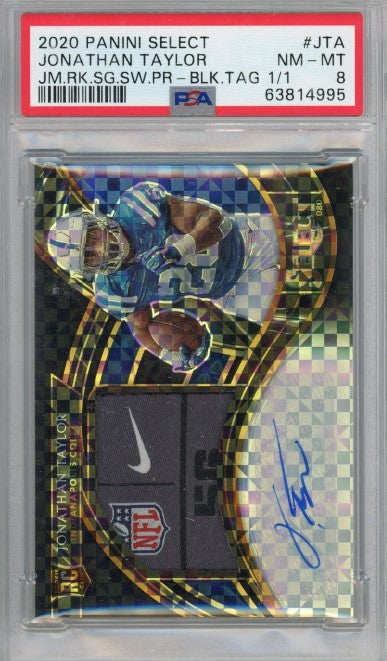 2020 Select Jonathan Taylor Jumbo Rookie Patch Auto Black Prizm Tag 1/1 PSA 8