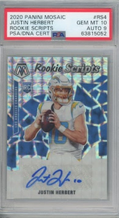 2020 Mosaic Justin Herbert Rookie Scripts Auto Silver No 4 PSA 10/9 052