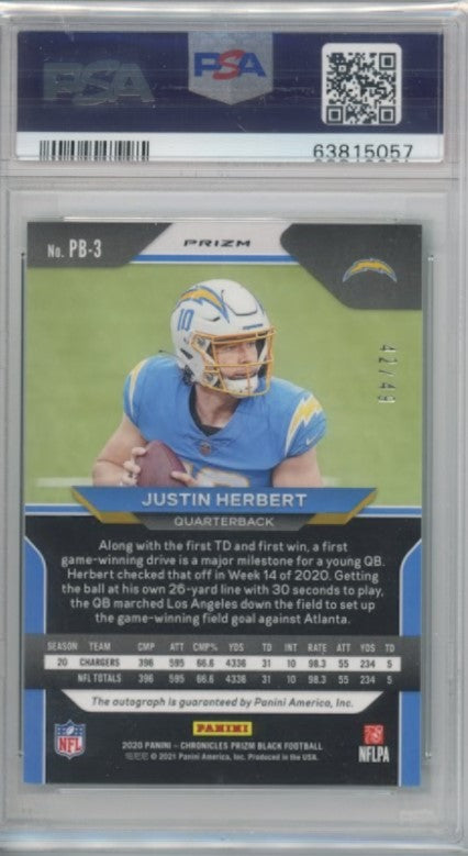 2020 Chronicles Justin Herbert Prizm Black Rookie Auto Green 42/49 PSA 9/10