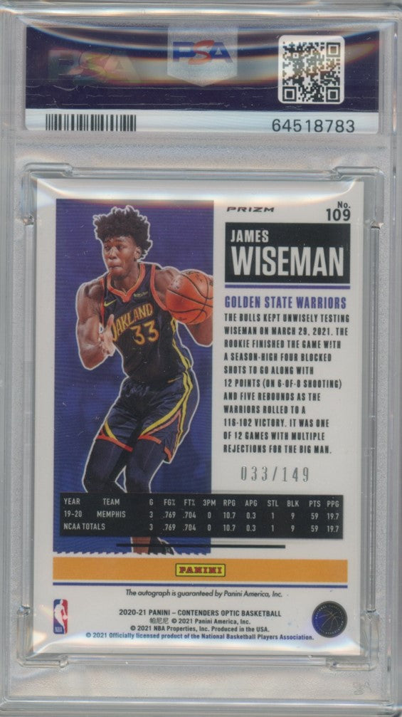 2020-21 Contenders Optic James Wiseman Rookie Ticket Red Auto 33/149 PSA 8
