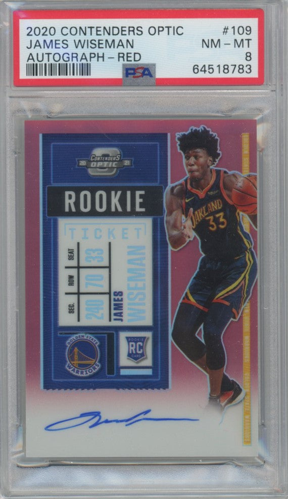 2020-21 Contenders Optic James Wiseman Rookie Ticket Red Auto 33/149 PSA 8
