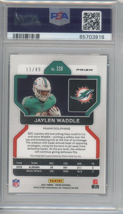 2021 Prizm Jaylen Waddle Rookie Auto Purple Power 11/49 PSA 8