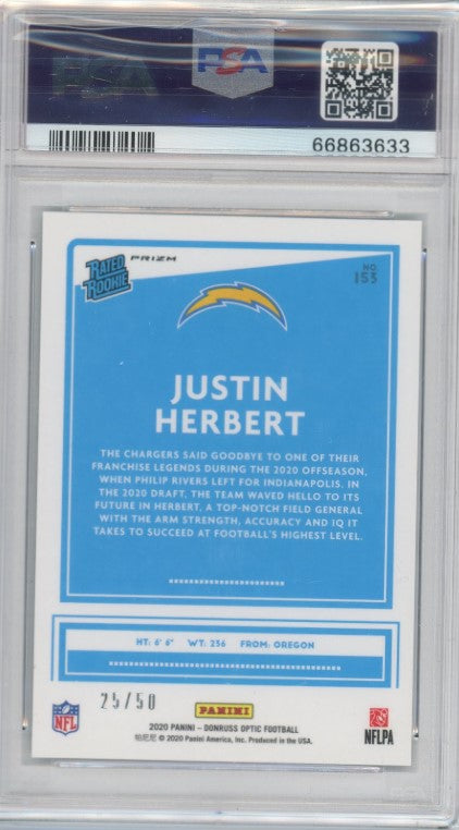 2020 Donruss Optic Justin Herbert Rated Rookie Purple 25/50 Psa 9