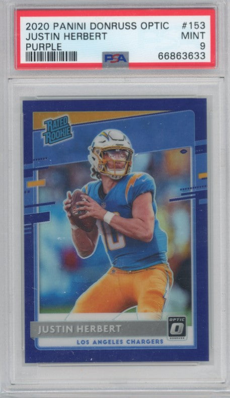 2020 Donruss Optic Justin Herbert Rated Rookie Purple 25/50 Psa 9