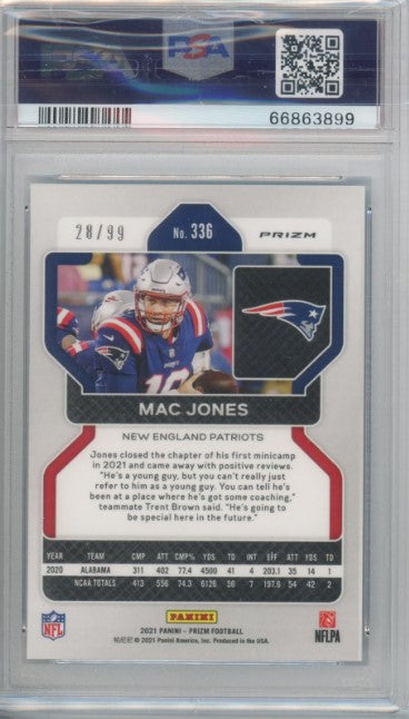 2021 Prizm Mac Jones Rookie Blue Ice 28/99 PSA 9