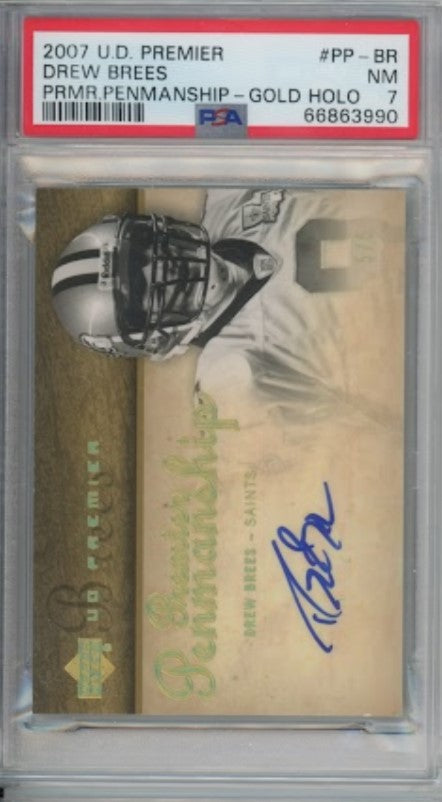 2007 Ud Premier Drew Brees Premier Penmanship Auto Gold Holo 5/5 Psa 7