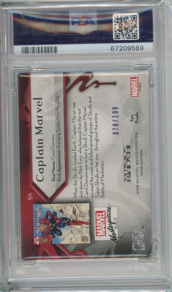 2018 Marvel Masterpieces Captain Marvel Epic Purple Foil 78/199 PSA 8