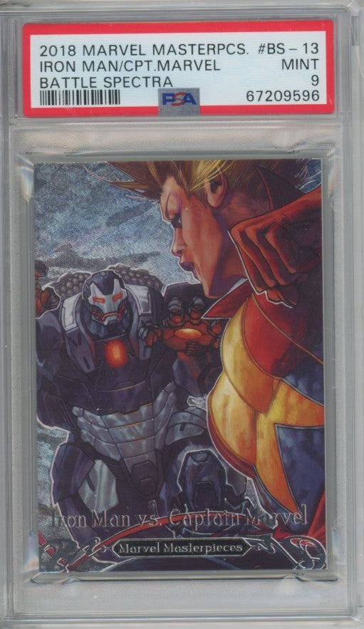 2018 Marvel Masterpieces Iron Man Captain Marvel Battle Spectra No 13 Psa 9 596