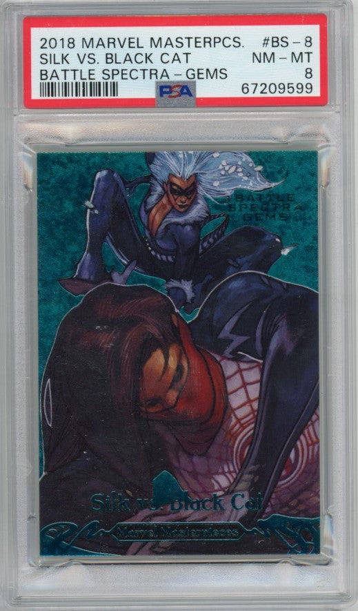 2018 Marvel Masterpieces SILK VS. BLACK CAT Battle Spectra Gems 56/99 #8 PSA 8