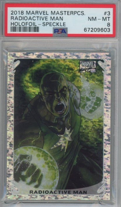2018 Marvel Masterpieces Radioactive Man Holofoil Speckle 57/99 PSA 8
