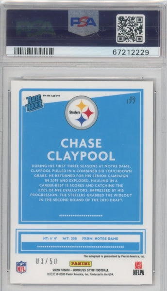 2020 Donruss Optic Chase Claypool Rated Rookie Auto Red 3/50 PSA 9