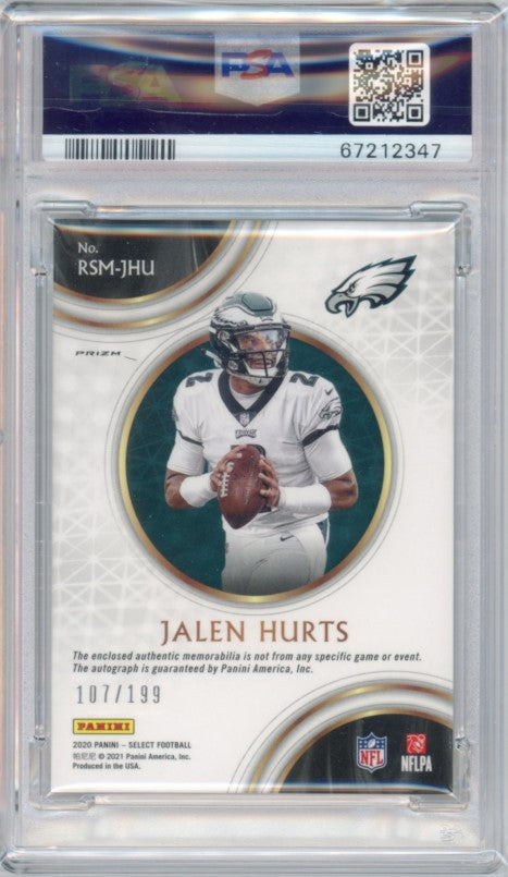 2020 Select Jalen Hurts Rookie Signatures Jersey Auto Silver Prizm 107/199 Psa 9