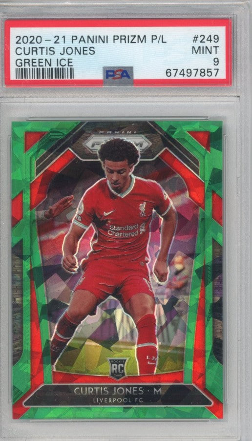 2020-21 Prizm Epl Curtis Jones Rookie Green Ice 5/49 PSA 9