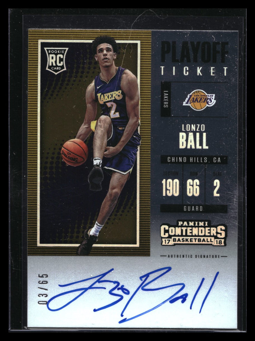 2017-18 Contenders Lonzo Ball Rookie Playoff Ticket Auto 3/65