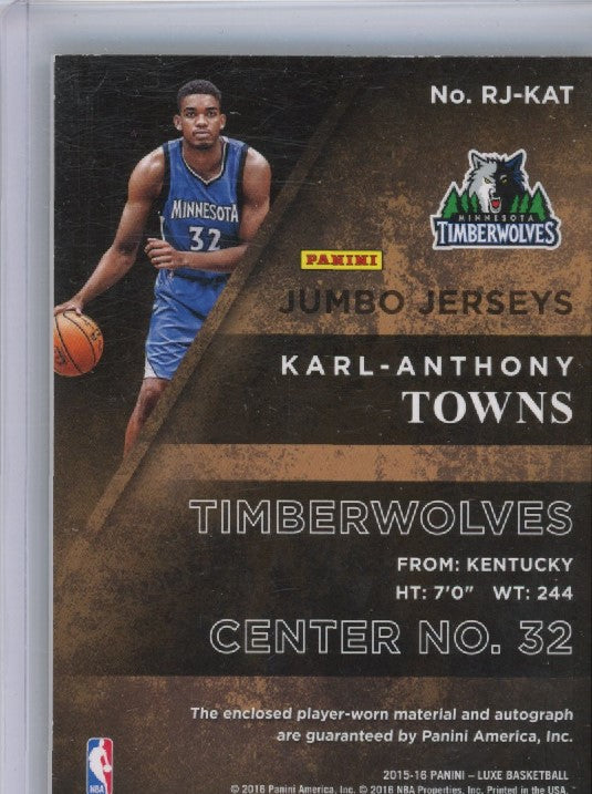 2015-16 Luxe Karl-anthony Towns Rookie Jumbo Jersey Patch Auto Gold 15/25