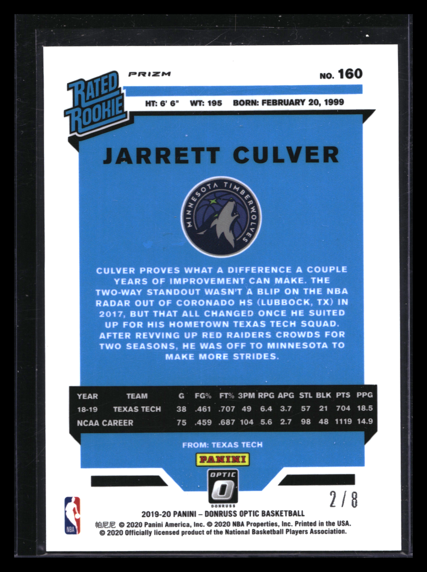 2019-20 Donruss Optic Jarrett Culver Rated Rookie Choice Black Gold 2/8