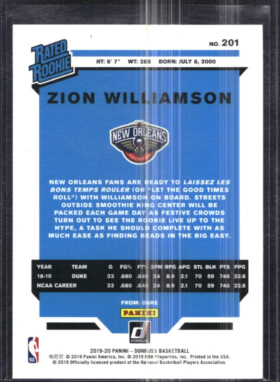 2019-20 Donruss ZION WILLIAMSON Rated Rookie Base #201
