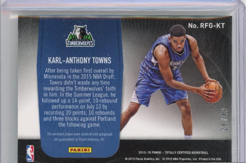 2015-16 Totally Certified Karl-anthony Towns Fabric Rookie Jersey Auto 26/49