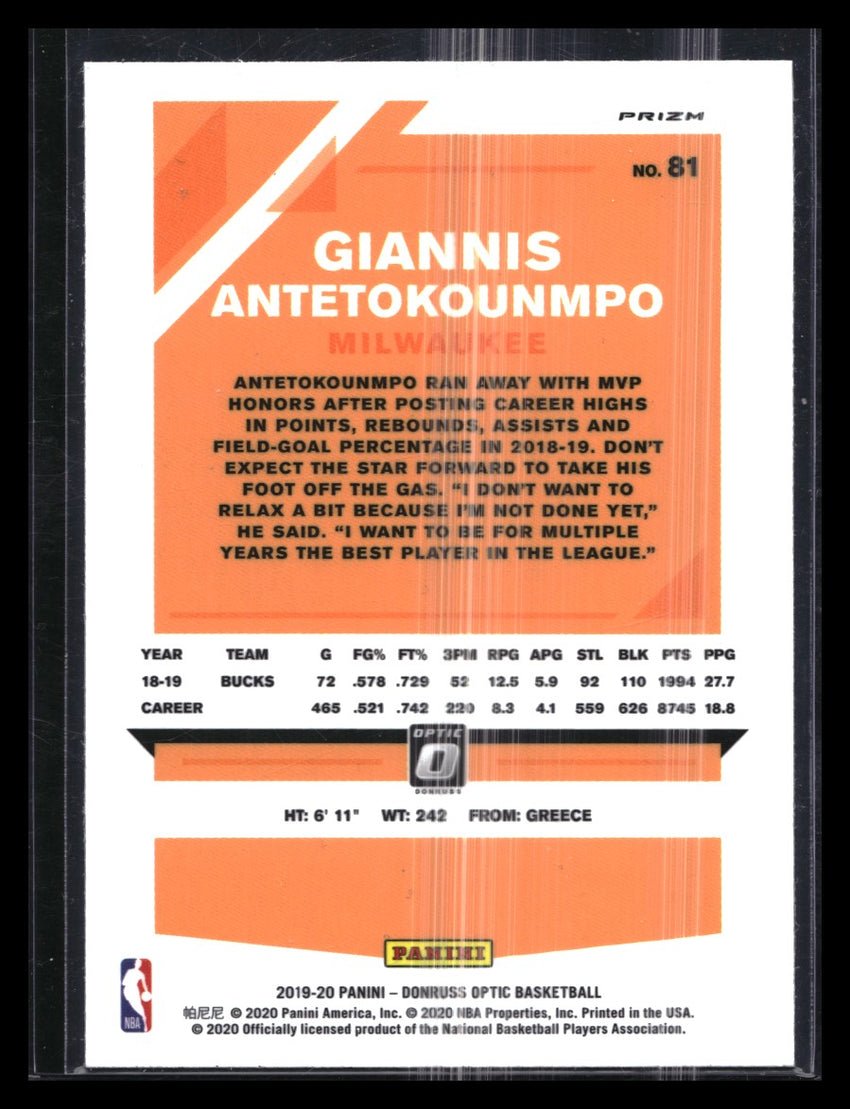 2019-20 Donruss Optic GIANNIS ANTETOKOUNMPO Holo Silver #81