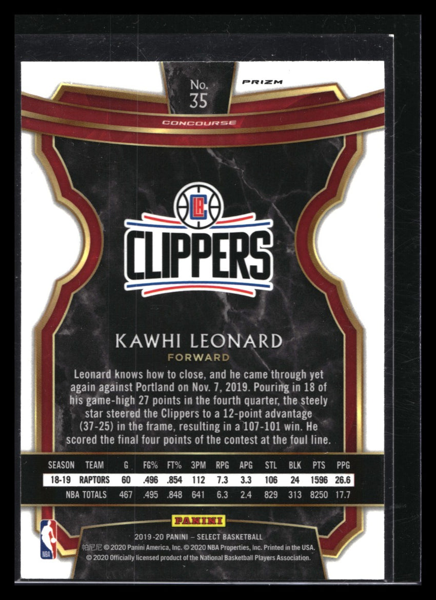 2019-20 Select KAWHI LEONARD Concourse Silver Prizm #35