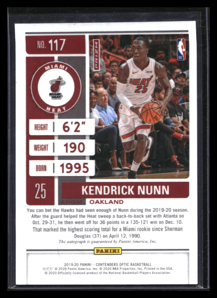 2019-20 Contenders Optic KENDRICK NUNN Rookie Ticket Auto Silver Prizm #117