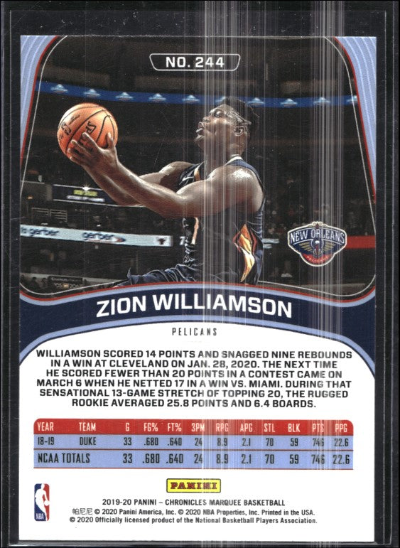 2019-20 Chronicles ZION WILLIAMSON Marquee Rookie Green #244