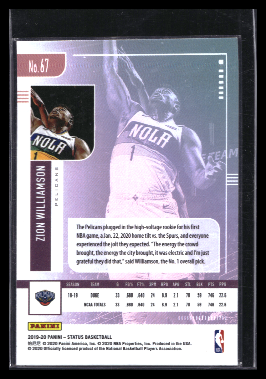 2019-20 Status Zion Williamson Rookie Base No 67