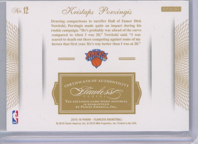 2015-16 Flawless Kristaps Porzingis Rookie Patch Sapphire 6/10