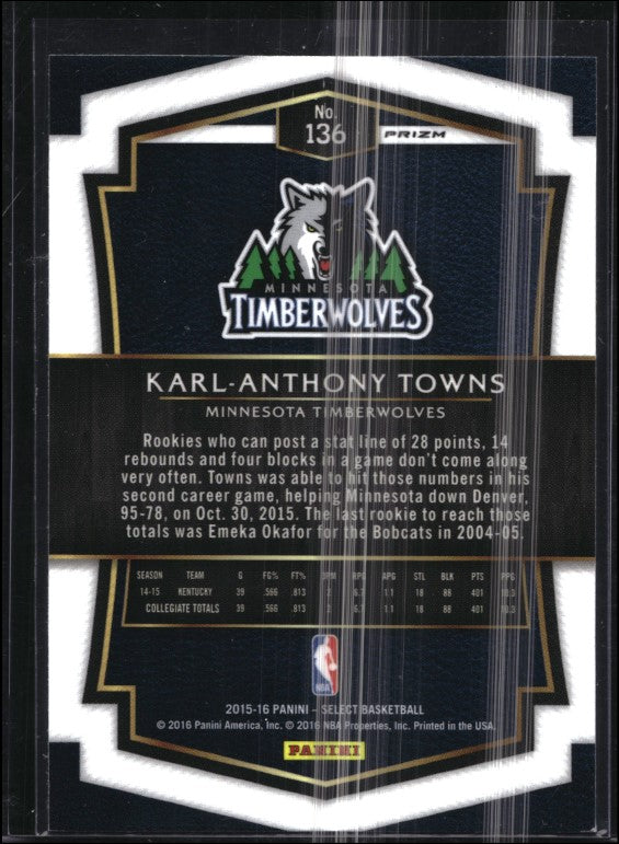 2015-16 Select Karl Anthony-towns Premier Level Rookie Silver Prizm No 136