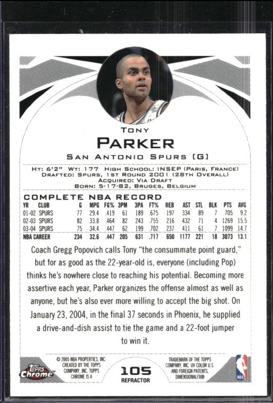 2004-05 Topps Chrome Tony Parker Refractor No 105