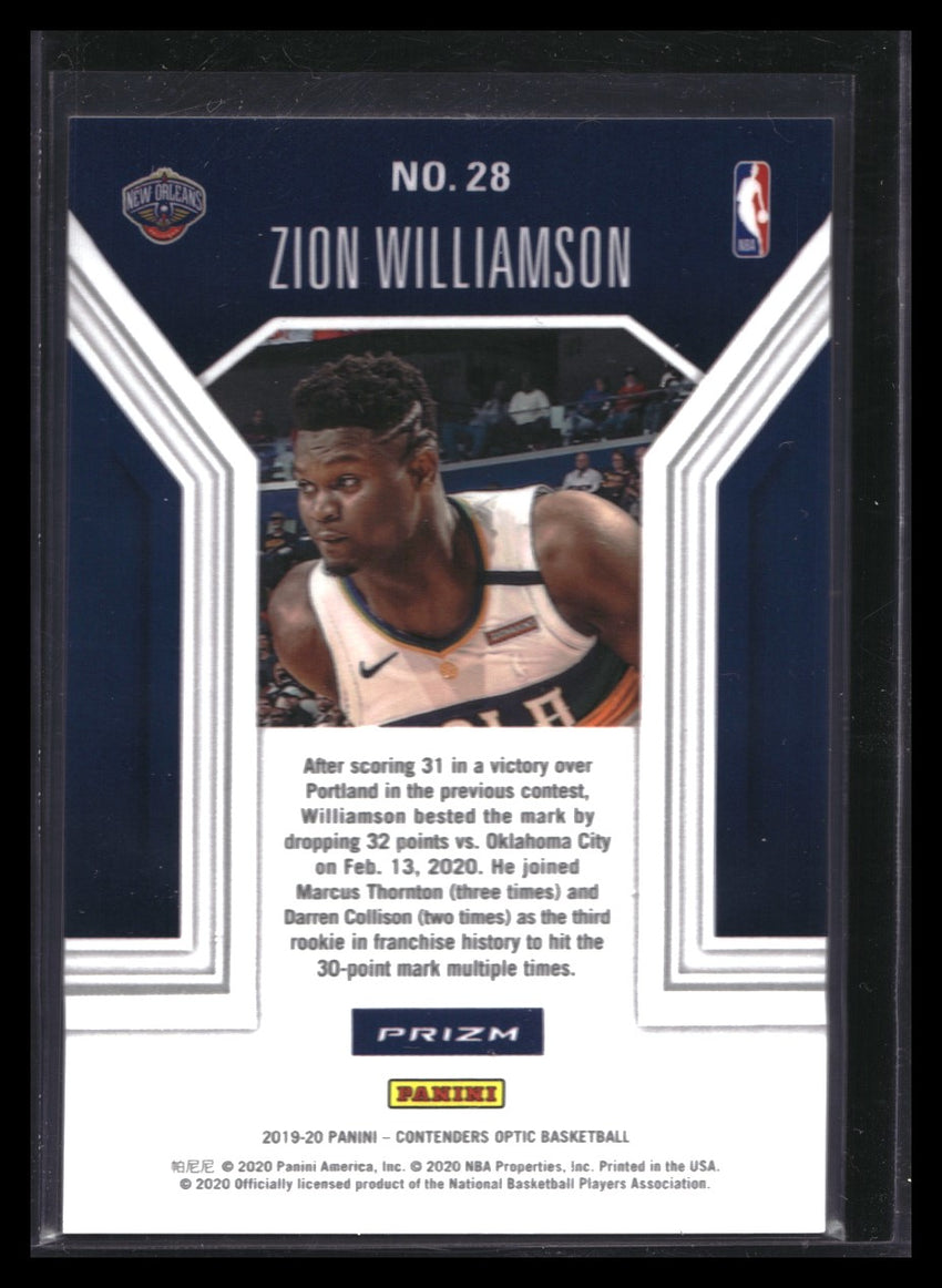 2019-20 Contenders Optic ZION WILLIAMSON Playing Numbers Game Rookie Silver #28